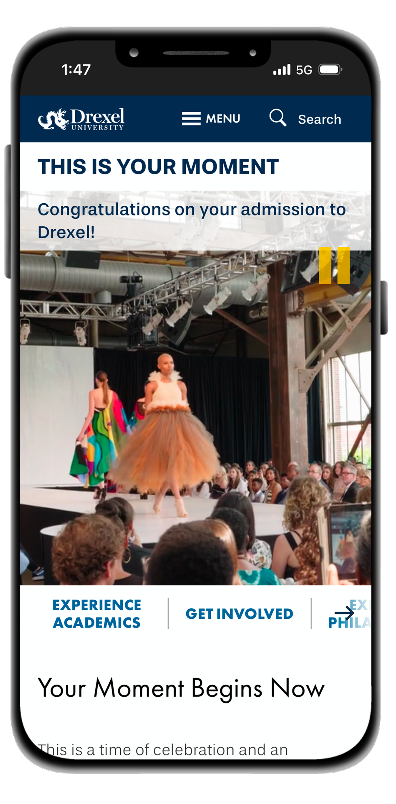 drexel.edu/moment on mobile — This Is Your Moment hero screen